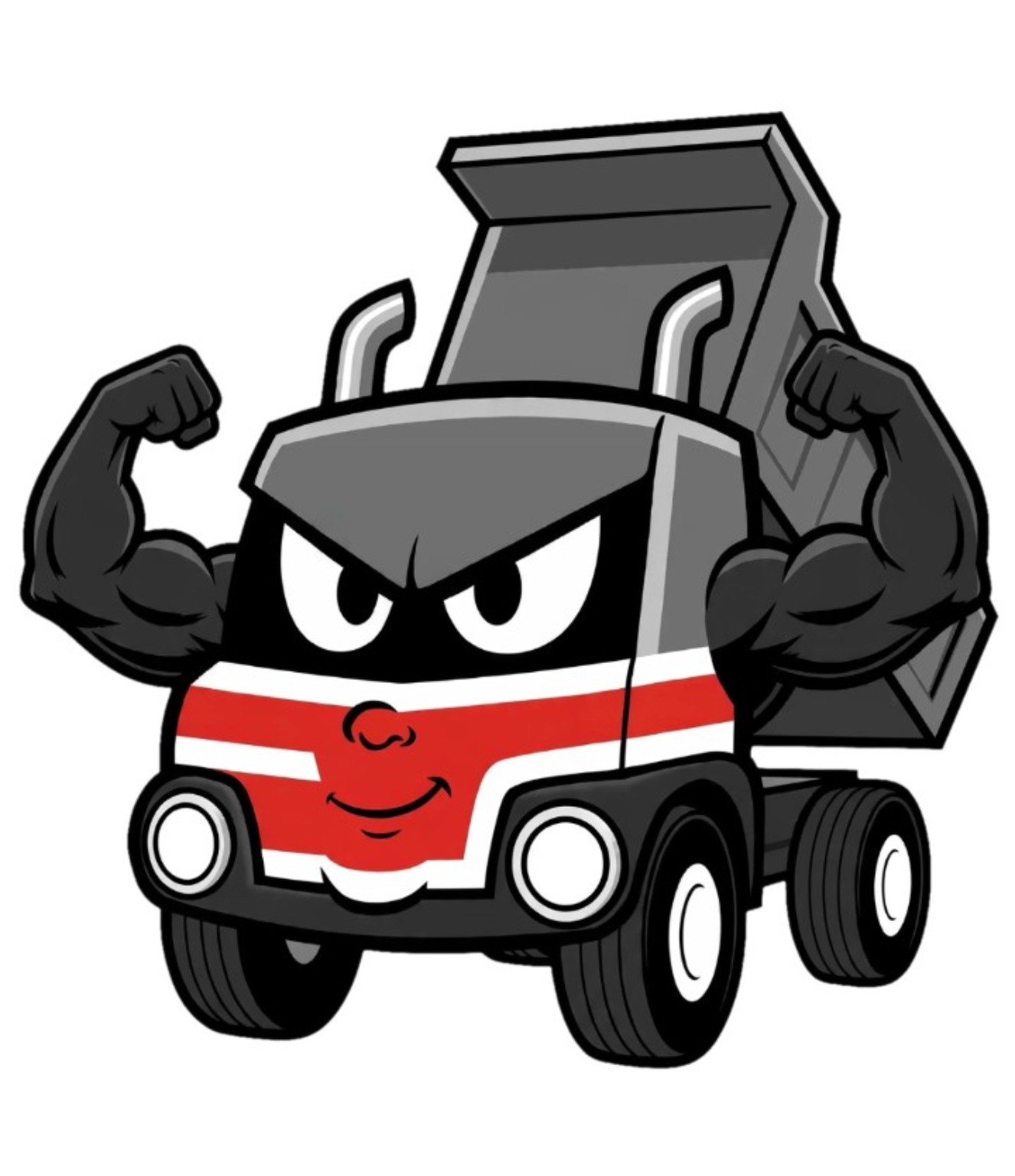 Bryan the Dump Truck, Simply’s smiling red, white and gray truck mascot flexing his arms