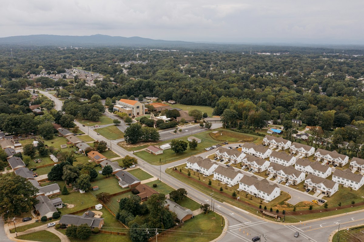 Aerial view of a residential neighborhood, illustrative stock photograph