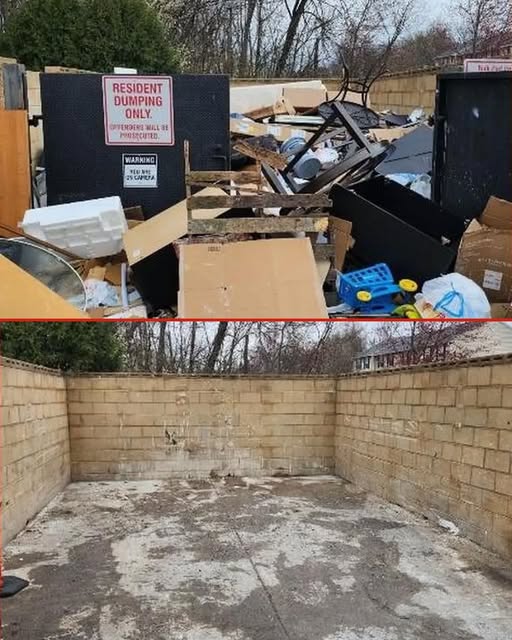 Before-and-after photographs of a dumpster enclosure with discarded furniture and debris removed.